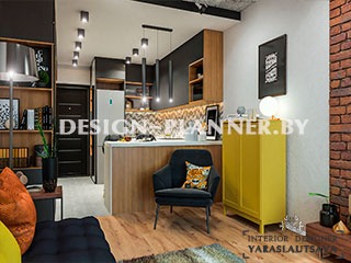 Дизайн интерьера кухни-гостиной микро квартиры студии в  32 квадратных метра в жилом комплексе Minsk World  для целевой аренды, как посуточно так и на длительный срок.