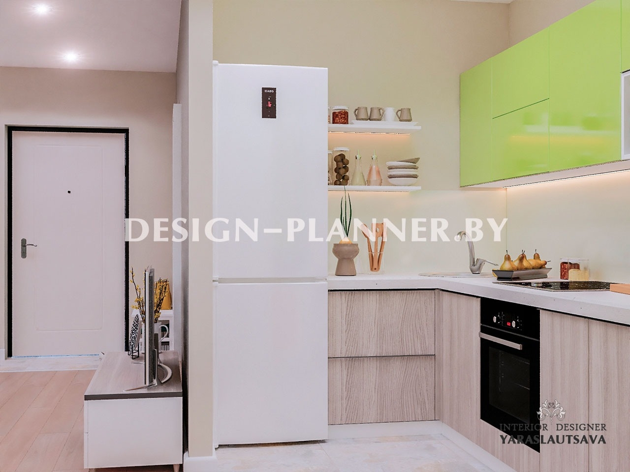 Угловая кухня с отдельно стоящим холодильником. Двухцветная компоновочная схема фасадов кухни.