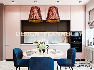 Дизайн интерьера прямой кухни в новом жилом комплексе "Нарочанский" в современном авангарде.