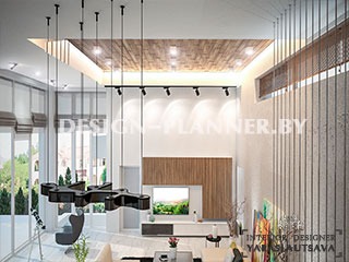 Дизайн интерьера двухуровневой кухни-гостиной в современном стиле коттеджа в Логойске